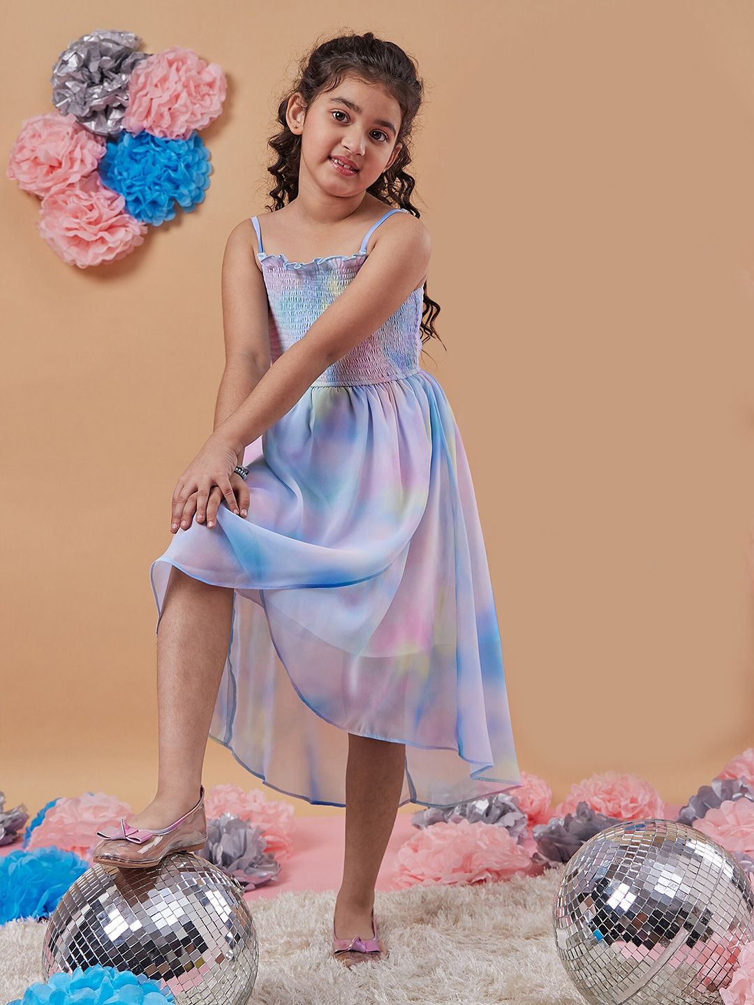 pspeaches Girls Tie & Dye Shoulder Strap Georgette Fit & Flare Midi Dress