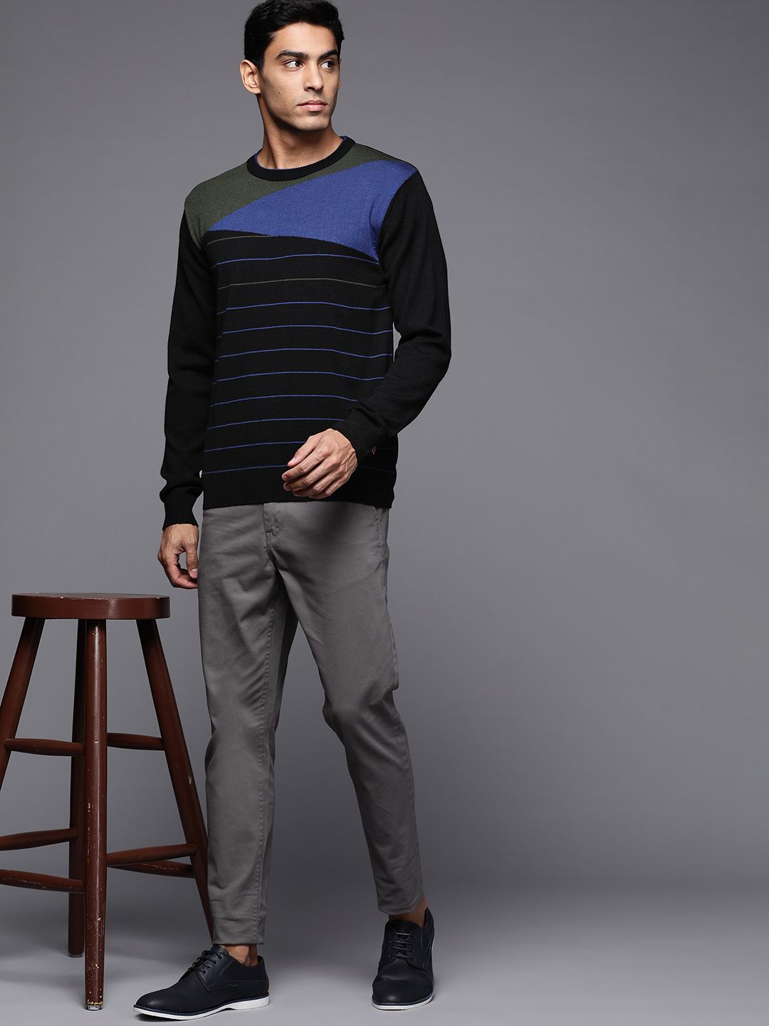 Raymond Men Navy Blue Striped Pullover