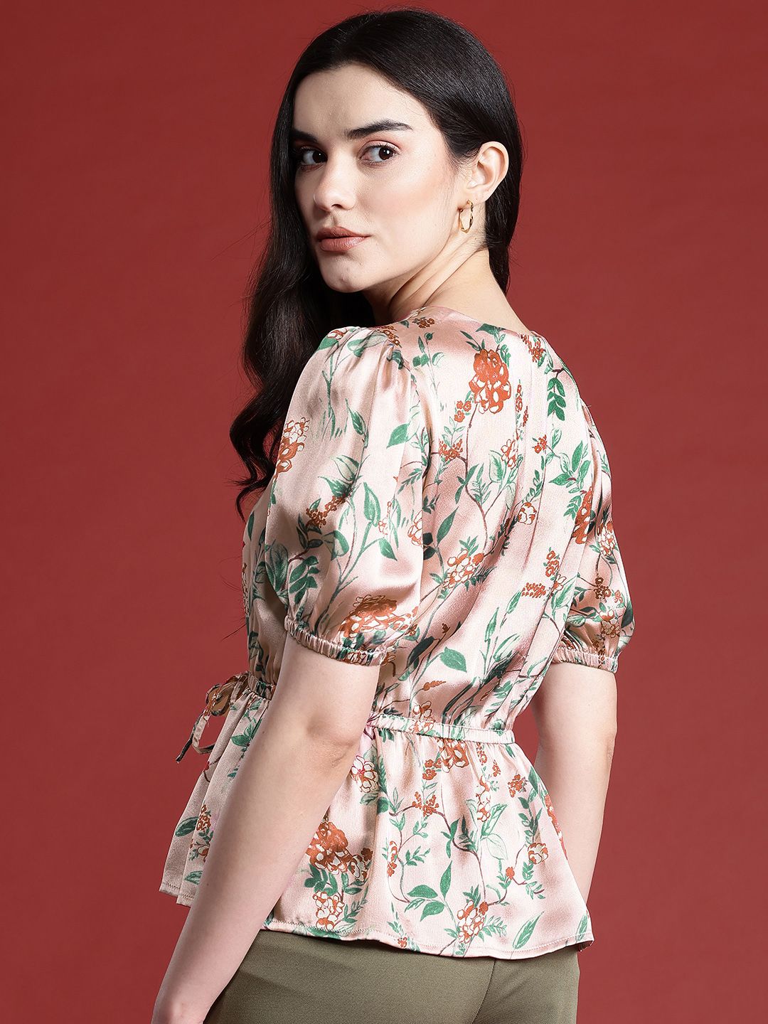 all about you Floral Print Cinched Waist Satin Finish Top