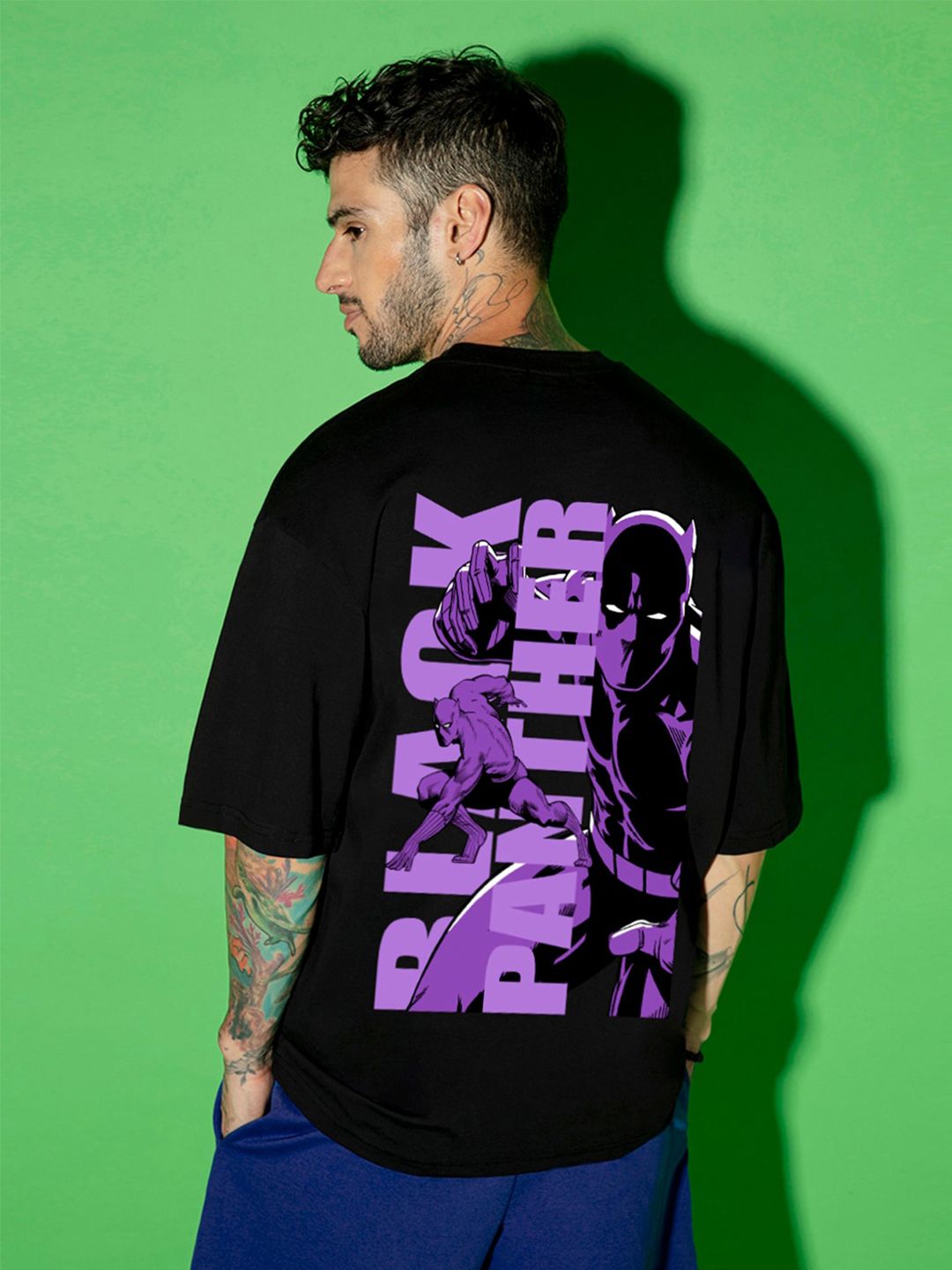 Bewakoof Black Panther Printed Drop-Shoulder Sleeves Oversized Cotton T-shirt