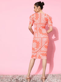 Athena Orange & White Ethnic Motifs Keyhole Neck Bodycon Midi Dress