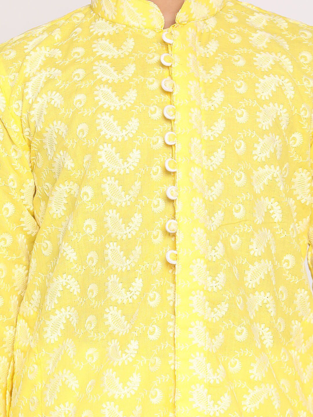 VASTRAMAY Boys Yellow Paisley Embroidered Pure Cotton Kurta with Pyjamas