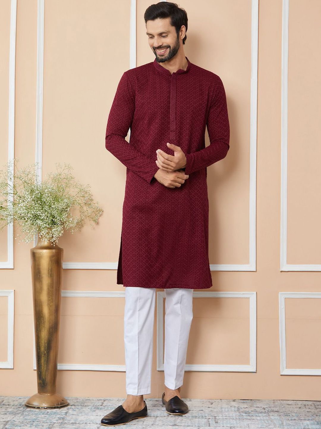 See Designs Ethnic Motifs Mandarin Collar Long Sleeves Pure Cotton Straight Kurta