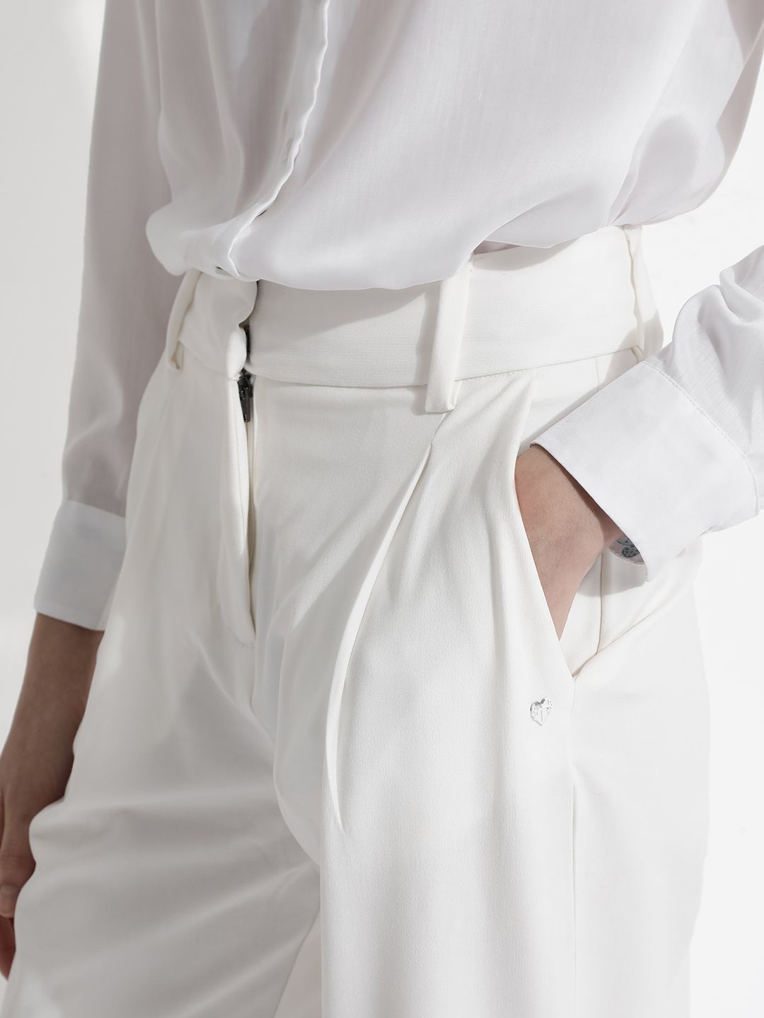 RAREISM Women Comfort Tapered Fit High-Rise Pleated Cotton Peg Formal Trousers