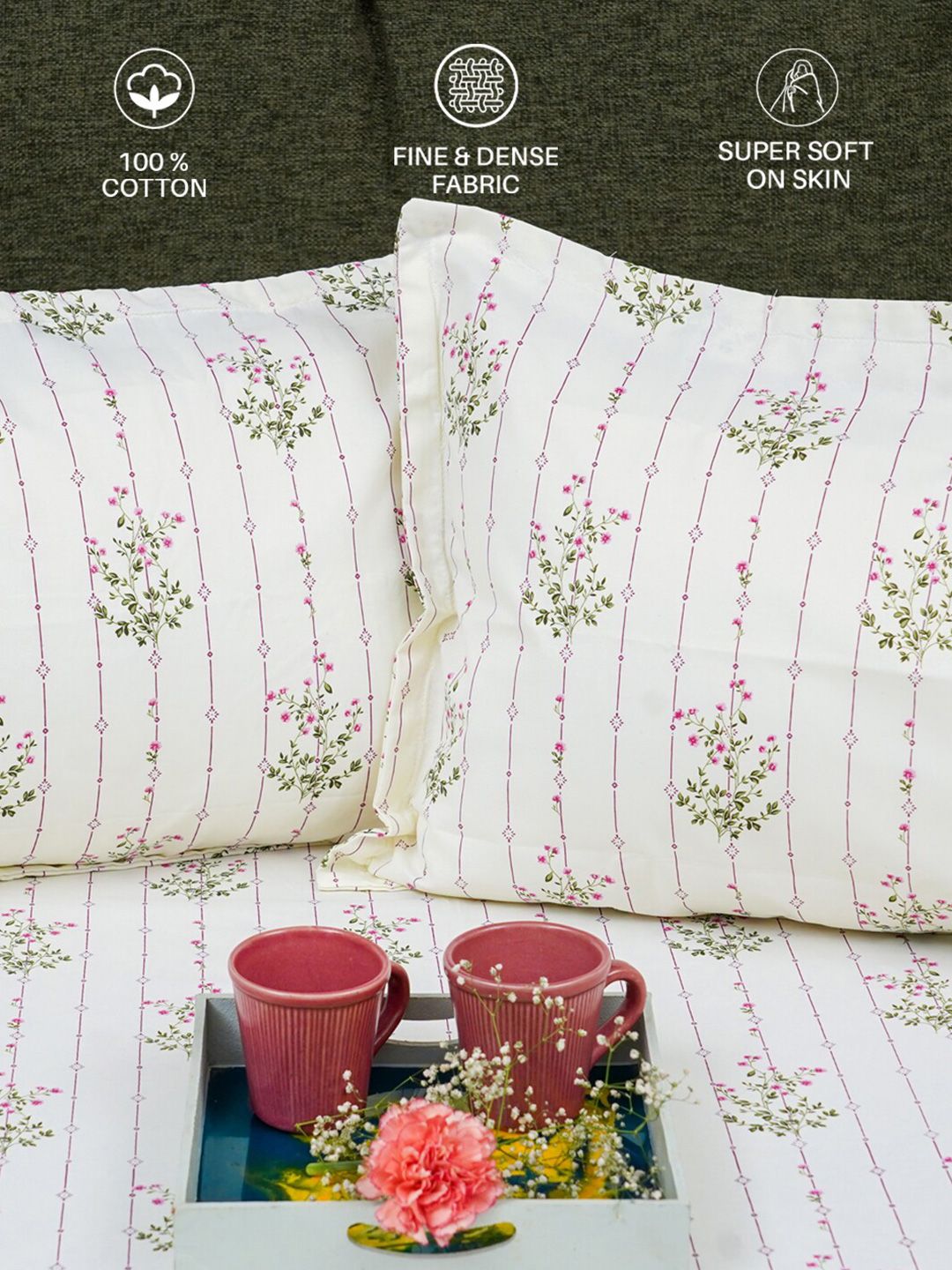 URBAN SPACE White & Pink Floral 200 TC King Bedsheet with 2 Pillow Covers