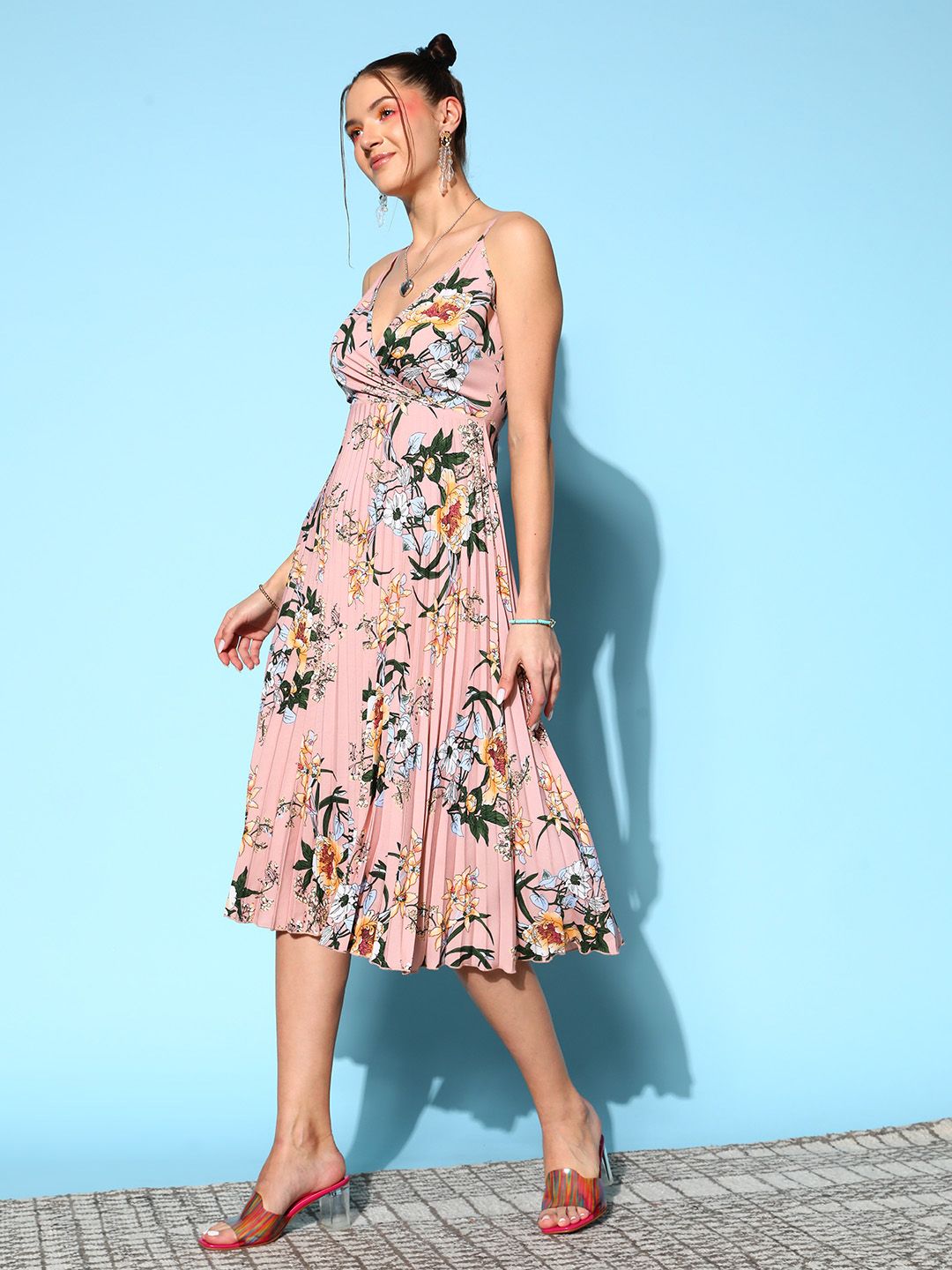 Berrylush Pink & Green Floral Crepe Midi Dress