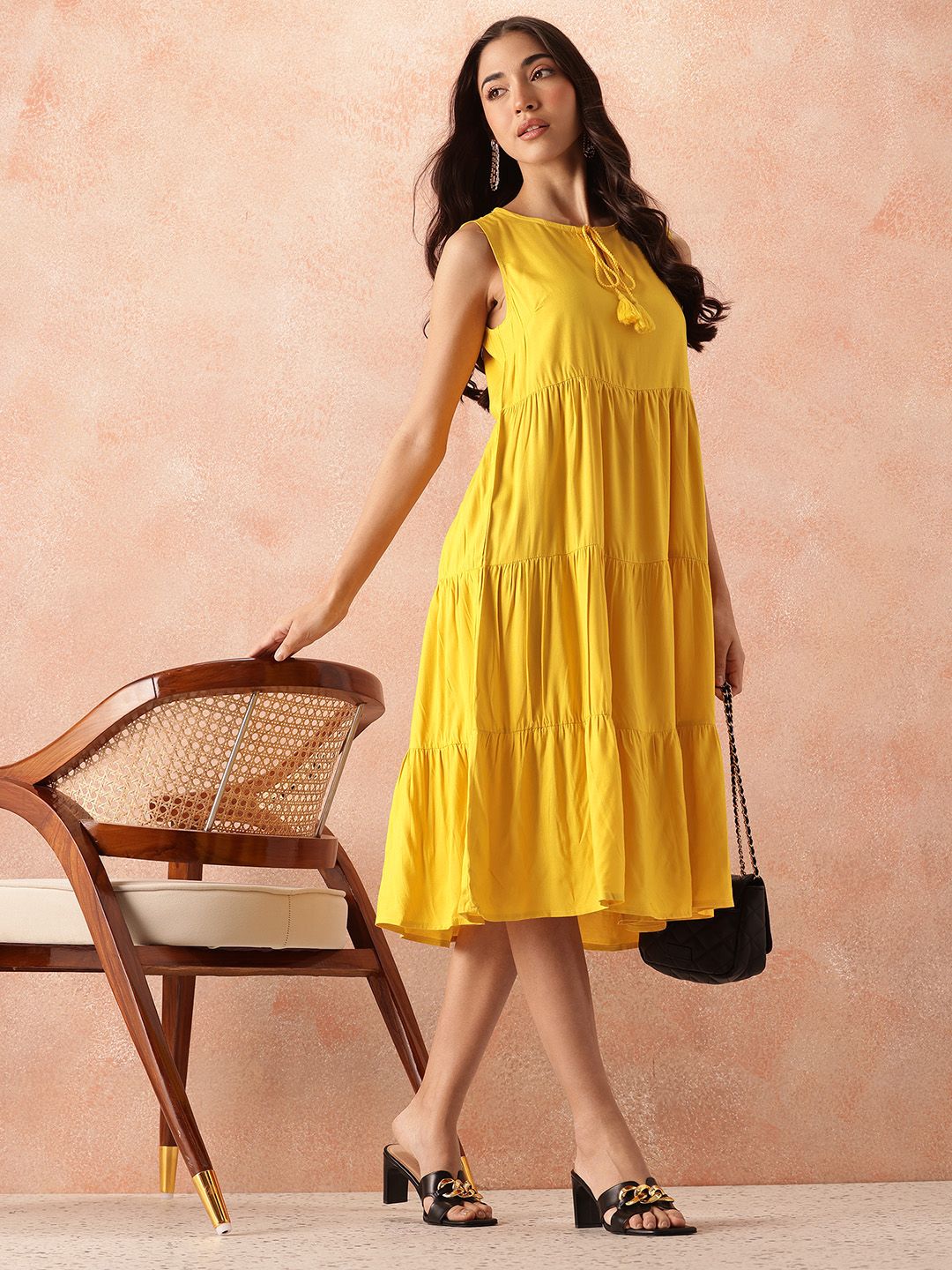 all about you Tie-Up Neck A-Line Tiered Midi Dress