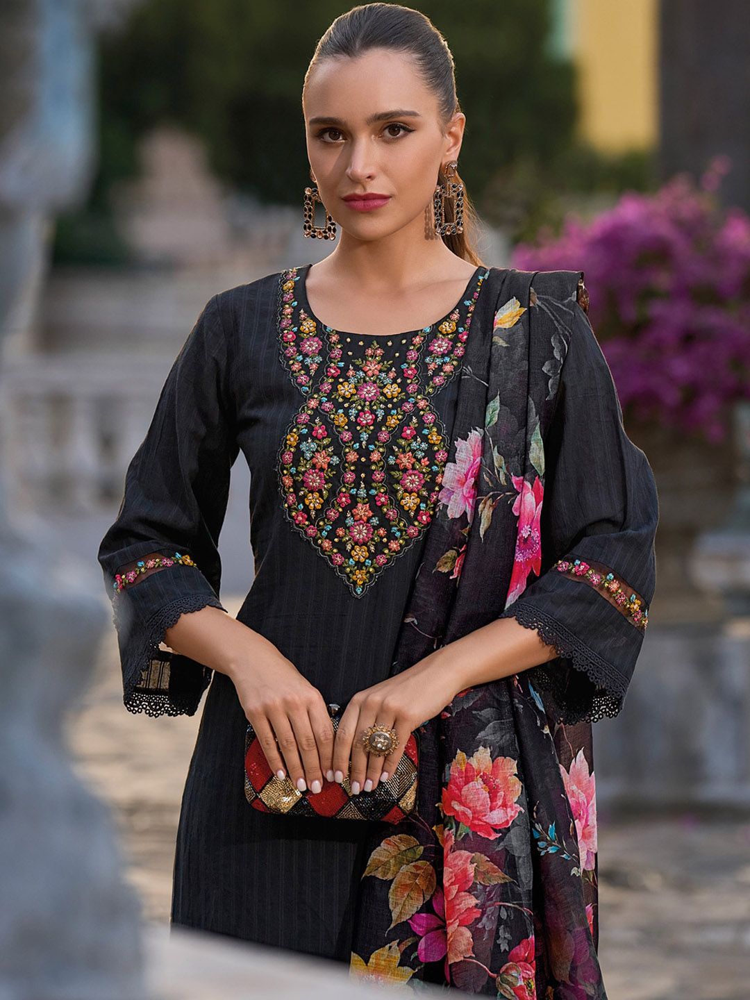 Indo Era Floral Embroidered Regular Thread Work Pure Cotton Straight Kurta Set