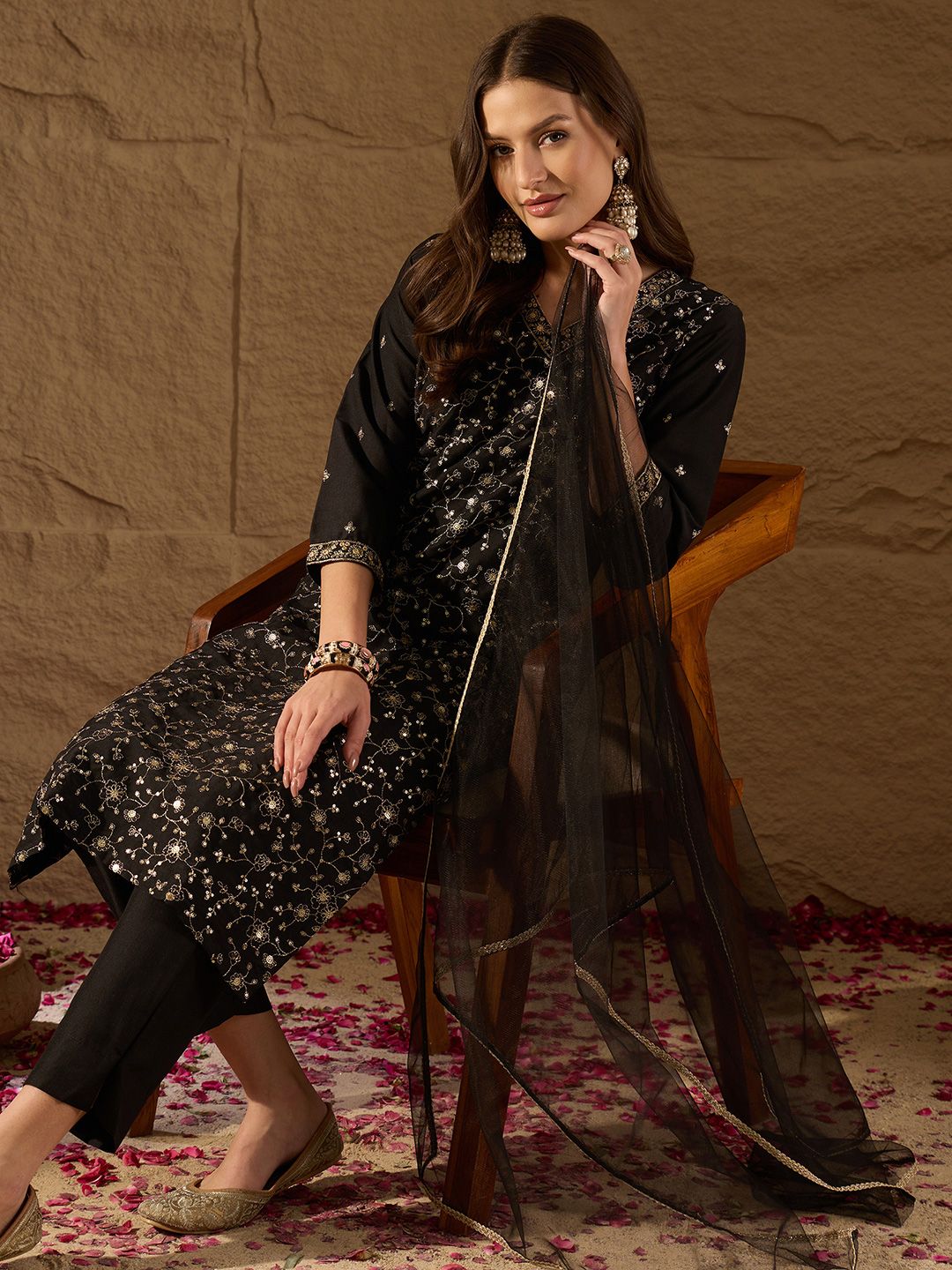 KALINI Floral Embroidered V-Neck Straight Kurta With Trousers & Dupatta