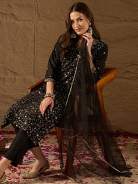 KALINI Floral Embroidered V-Neck Straight Kurta With Trousers & Dupatta