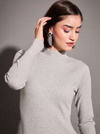 SASSAFRAS Grey Mock Neck A-Line Midi Dress