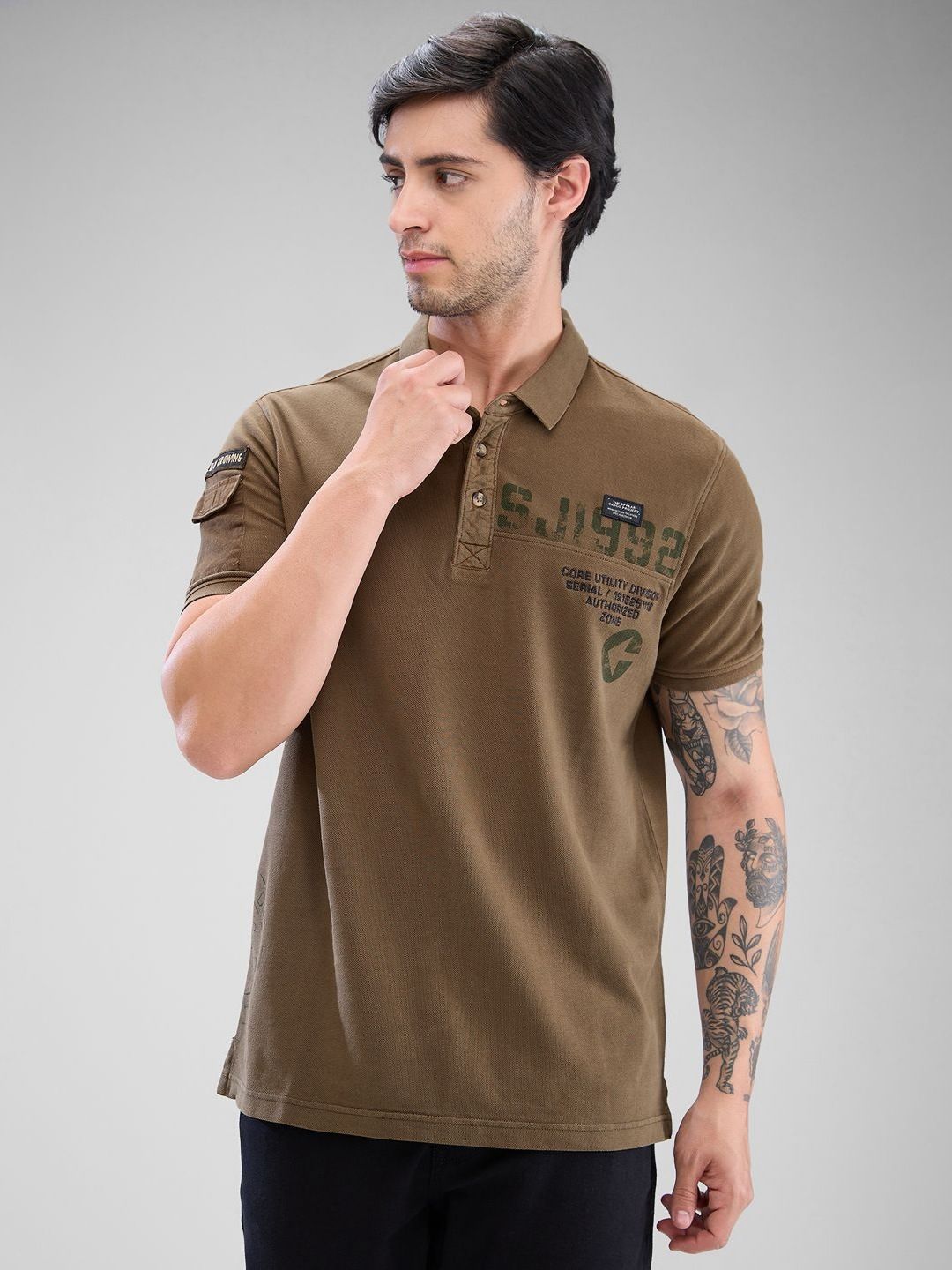 SPYKAR Men Graphic Printed Polo Collar Slim Fit Pure Cotton T-shirt