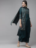 Indo Era Women Teal Green & Golden Yoke Design Kurta with Palazzos & With Dupatta