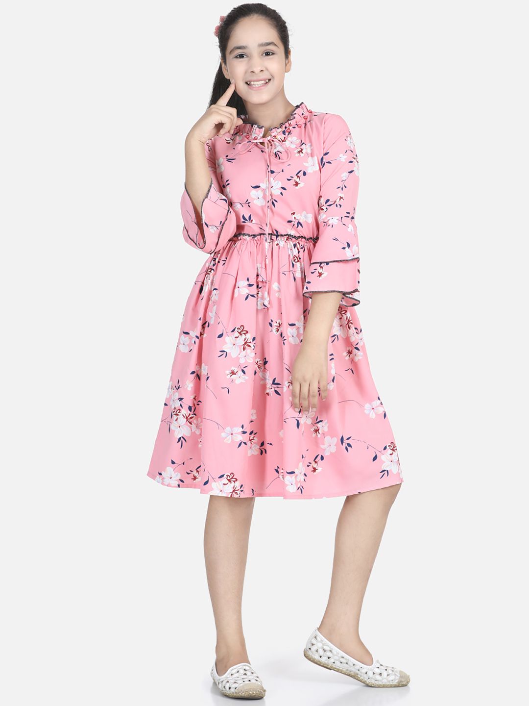Cutiekins Girls Pink & White Printed Fit & Flare Dress