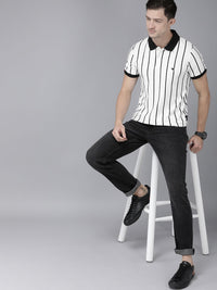 THE BEAR HOUSE Men White Black Striped Polo Collar Slim Fit Pure Cotton T-shirt