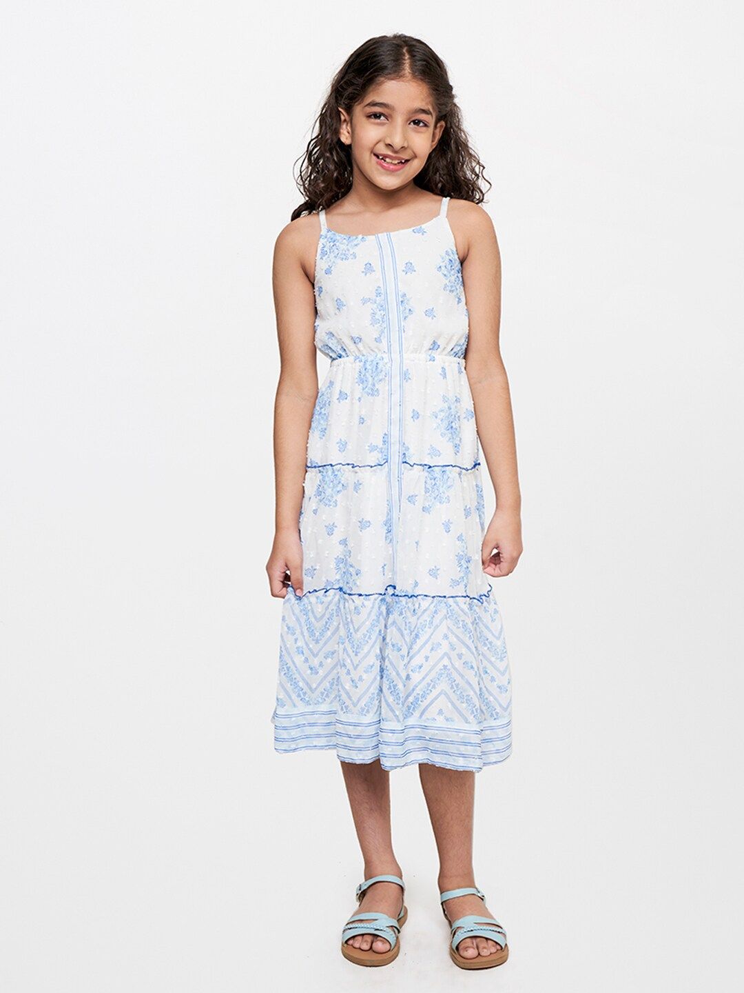 Global Desi White Floral A-Line Midi Dress