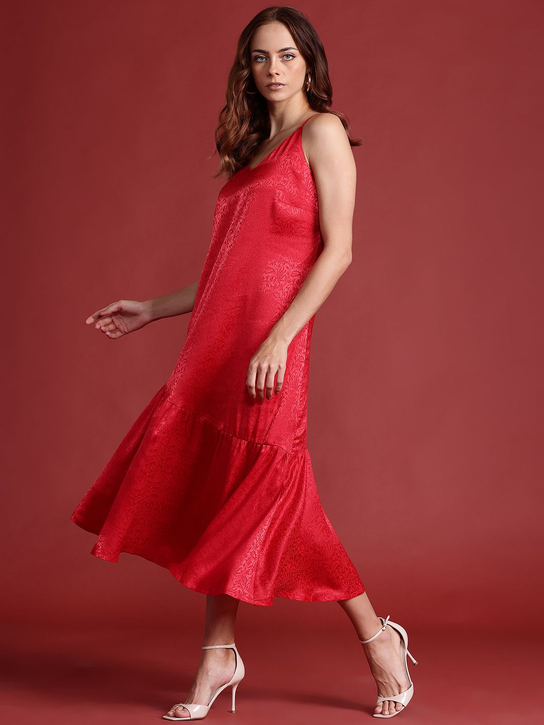 all about you Floral Satin Jacquard Drop waist Midi Dress