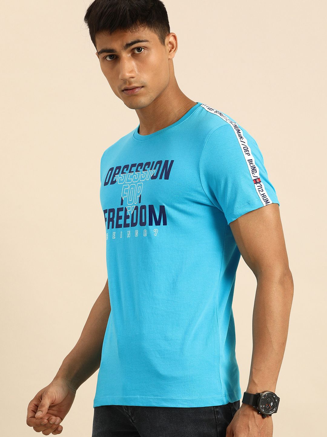 Being Human Men Blue Printed Round Neck Pure Cotton T-shirt