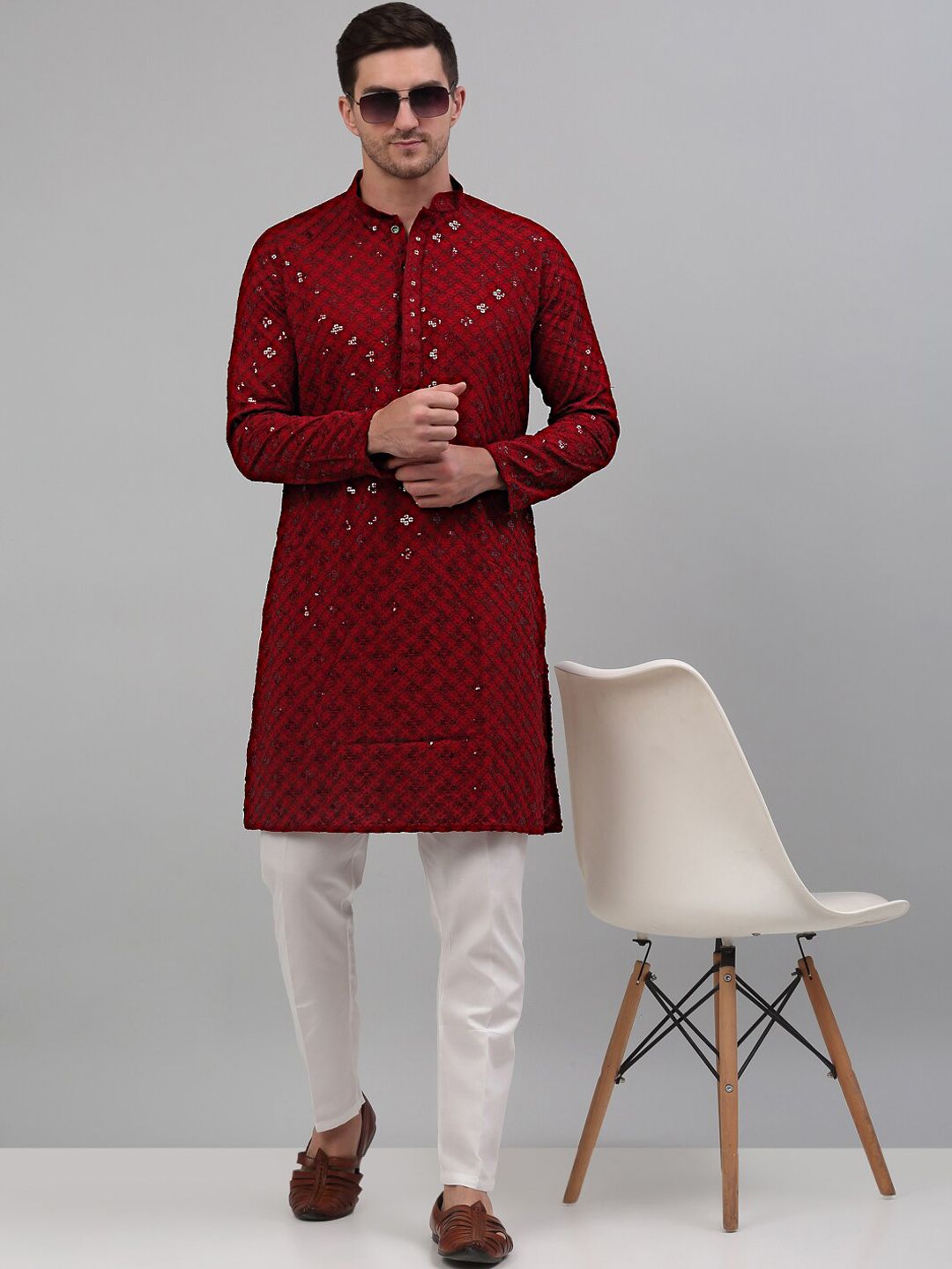 Jompers Embroidered Mandarin Collar Sequins Kurta
