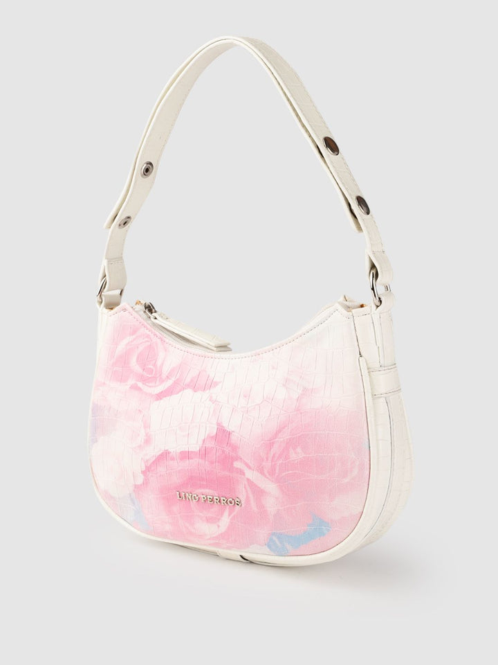 Lino Perros Women Off-White & Pink Floral Printed Croc Textured Structured Baguette Bag