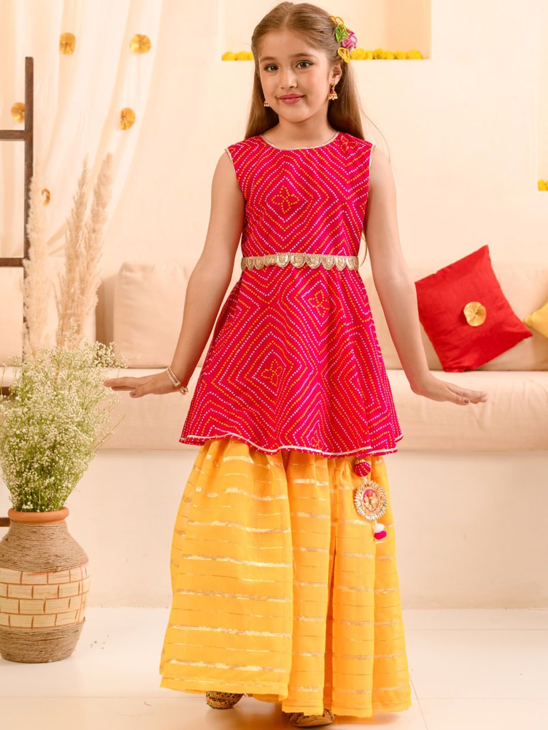 pspeaches Girls Bandhani Printed Kurta & Striped Skirt with Ethnic Belt