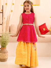 pspeaches Girls Bandhani Printed Kurta & Striped Skirt with Ethnic Belt