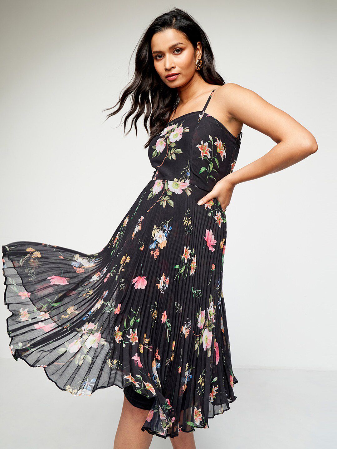 AND Floral Printed Accordion Pleated Detailed Fit & Flare Dress