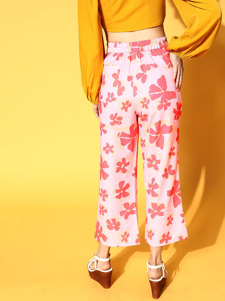 Athena Women Pretty Pink Floral Graduated Flared Trousers