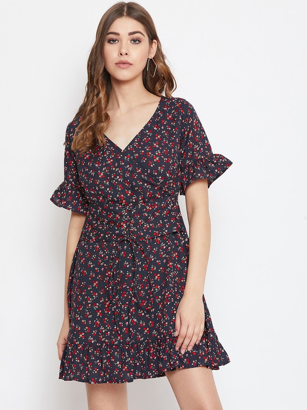 Berrylush Women Navy Blue & Red Micro Floral Printed Fit and Flare Dress