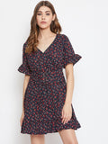 Berrylush Women Navy Blue & Red Micro Floral Printed Fit and Flare Dress