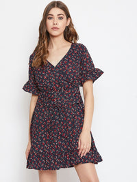 Berrylush Women Navy Blue & Red Micro Floral Printed Fit and Flare Dress