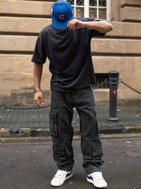 Powerlook Men Loose Fit Cargos Charcoal Black Multi Pockets Baggy Fit Denim Jeans