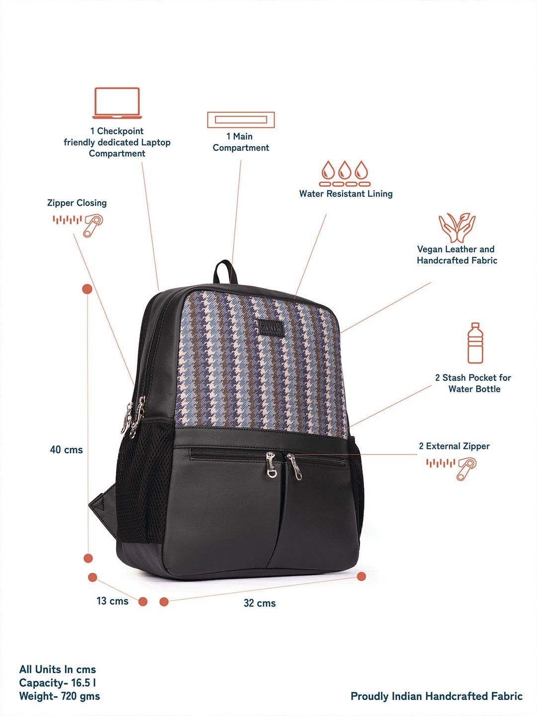 ZOUK Bombay Houndstooth Printed Backpack with Compression Straps Up to 16 inch