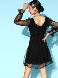 Athena Black Self Design Dobby Net A-Line Dress