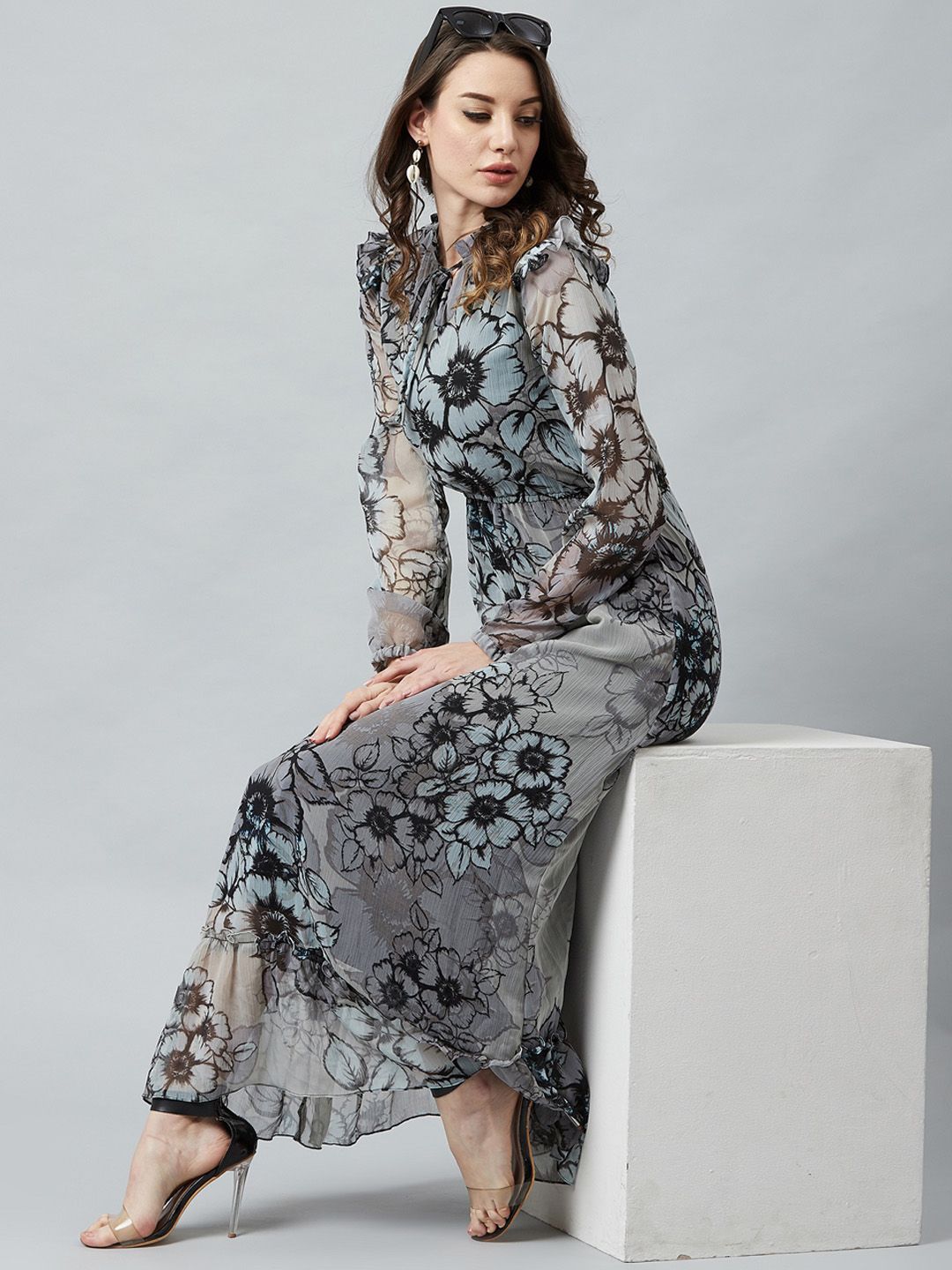 Athena Grey & Black Floral Printed Maxi Dress