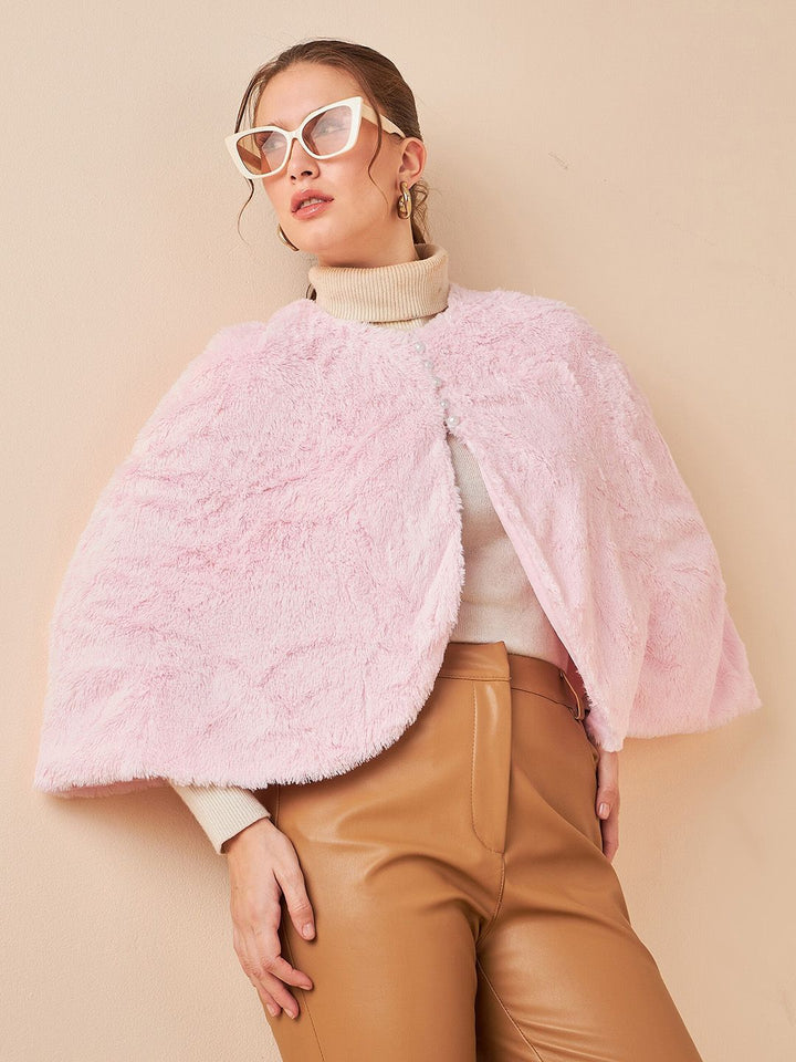 Antheaa V-Neck Three-Quarter Sleeve Button Detail Poncho Sweater