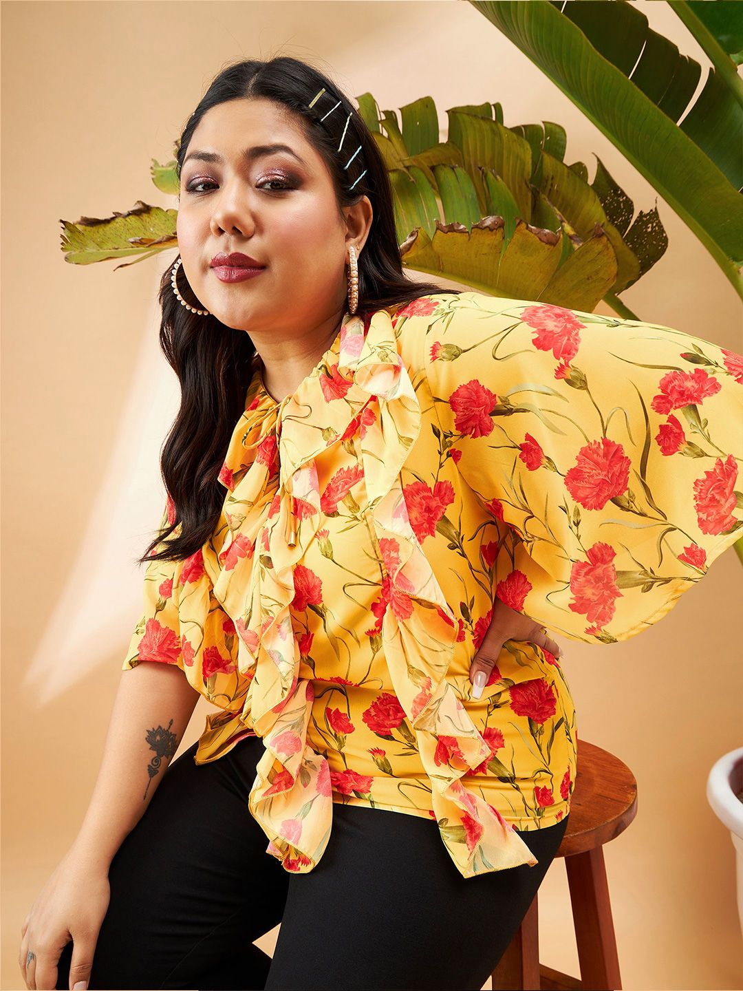 SASSAFRAS Curve Floral Printed Tie-Up Neck Ruffles Top