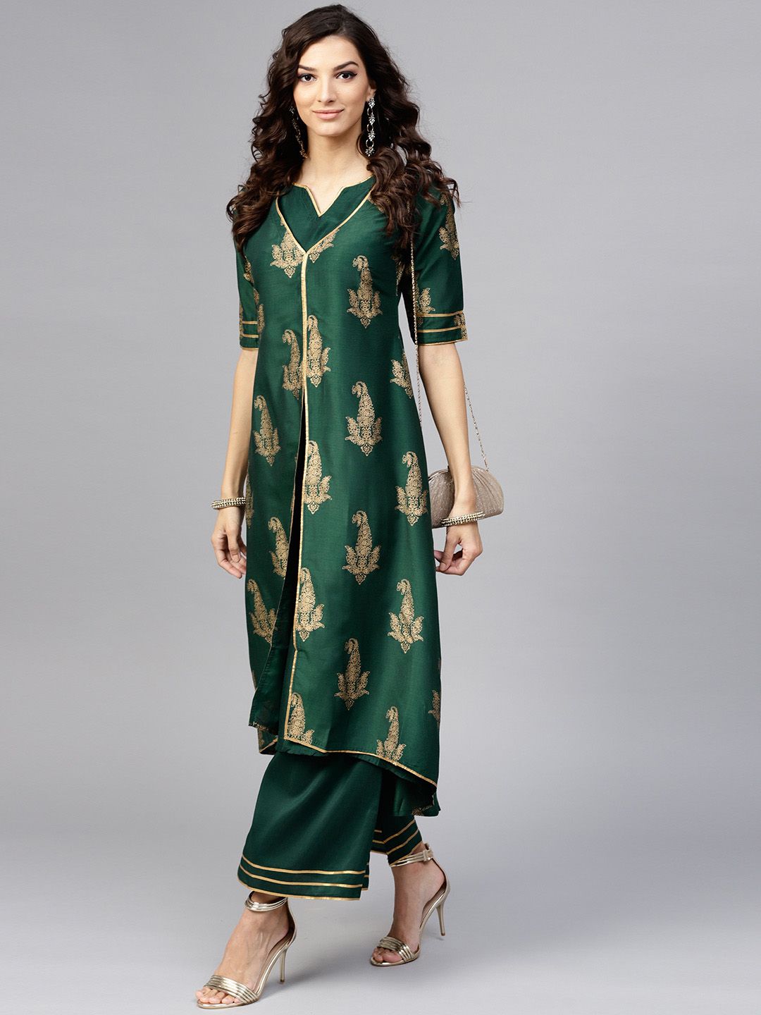 Libas Women Green & Golden Block Print Layered Kurta with Palazzos