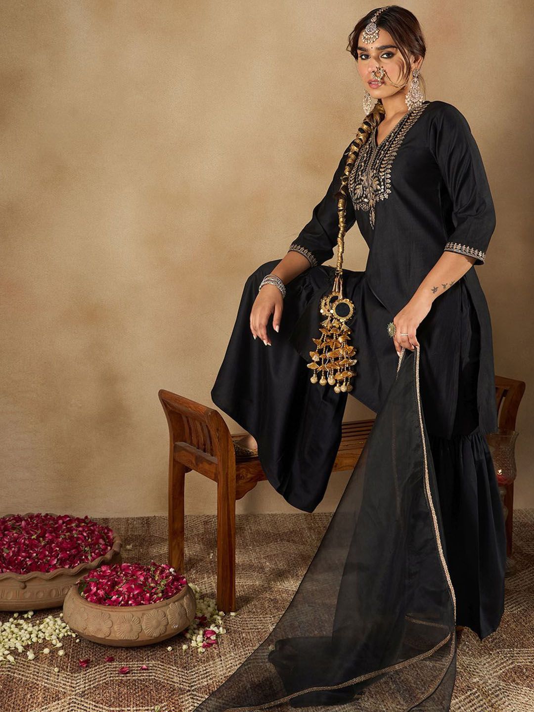 Indo Era Women Ethnic Motifs Embroidered Regular Liva Kurta with Sharara & With Dupatta