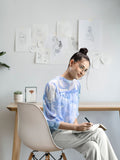 AND Women Blue and White Printed Mandarin Collar Shirt Style Top