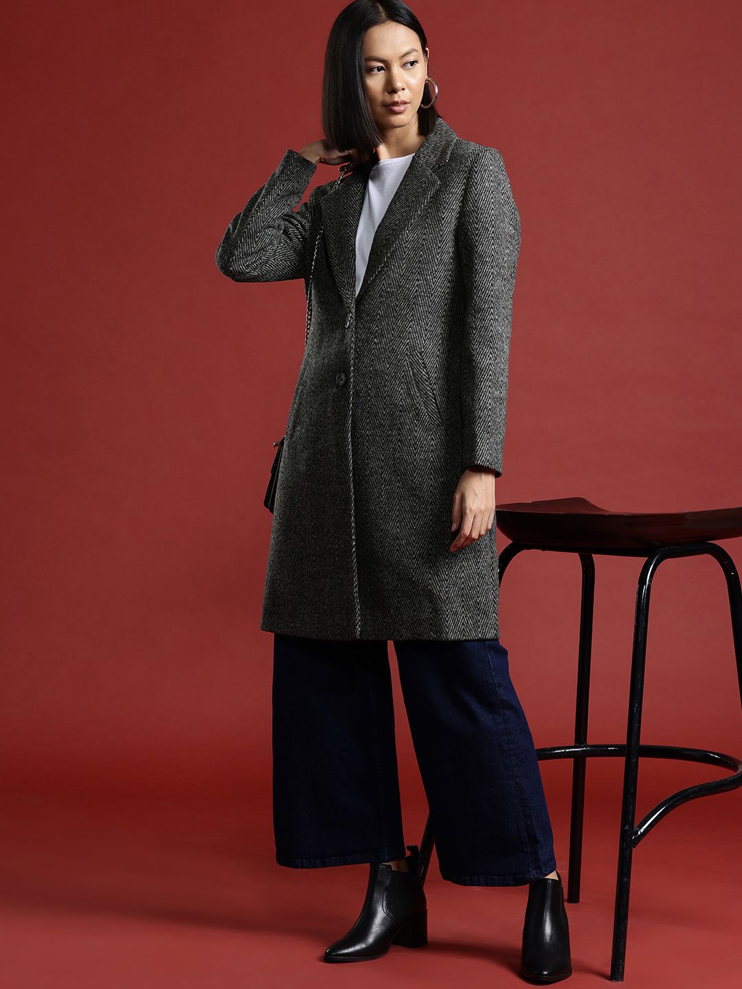 all about you Geometric Self Design Single-Breasted Longline Over Coat