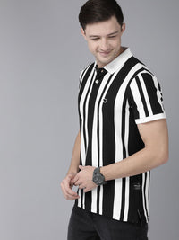 THE BEAR HOUSE Men Black  White Striped Polo Collar Slim Fit Pure Cotton T-shirt