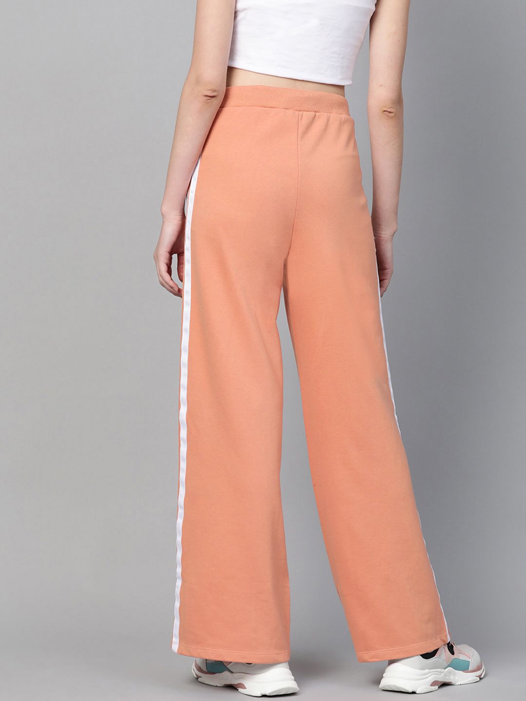 SASSAFRAS Women Peach-Coloured Side-Striped Wide Leg Track Pants