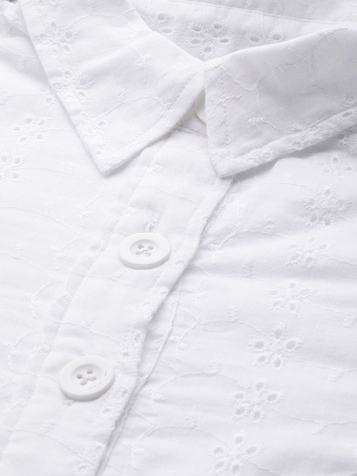 SASSAFRAS Women White Schiffli Embroidered Shirt Dress