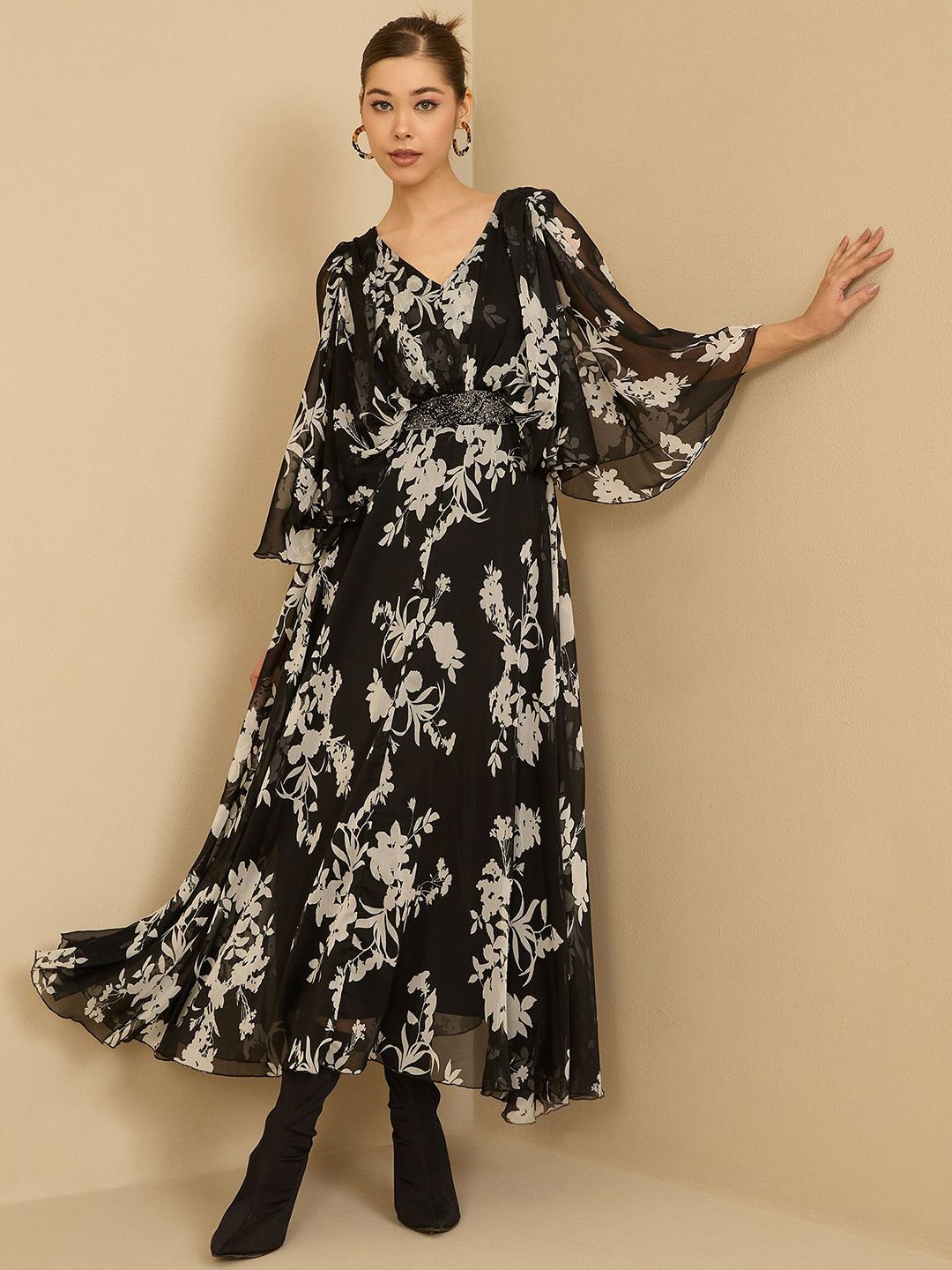 Antheaa Women Floral Printed Embellished Maxi Dress