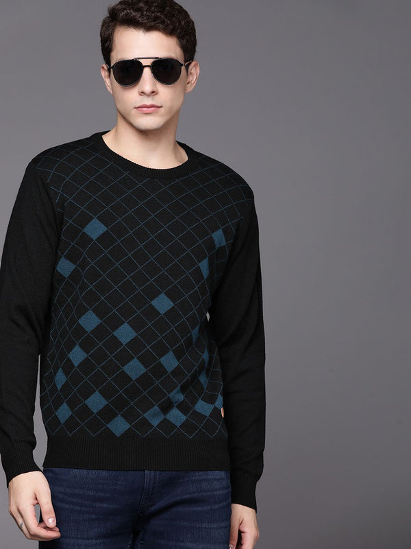 Raymond Men Black & Teal Blue Checked Pullover