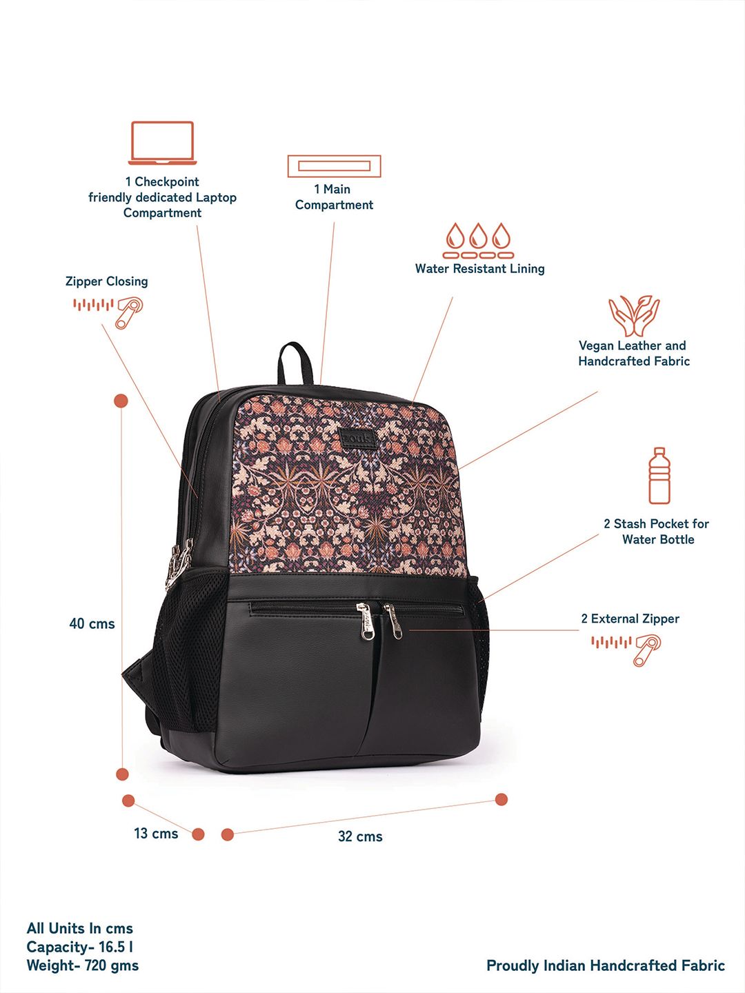 ZOUK  Women Ethnic Printed Vegan Leather Backpack With Compression Straps-Up to 16 inch