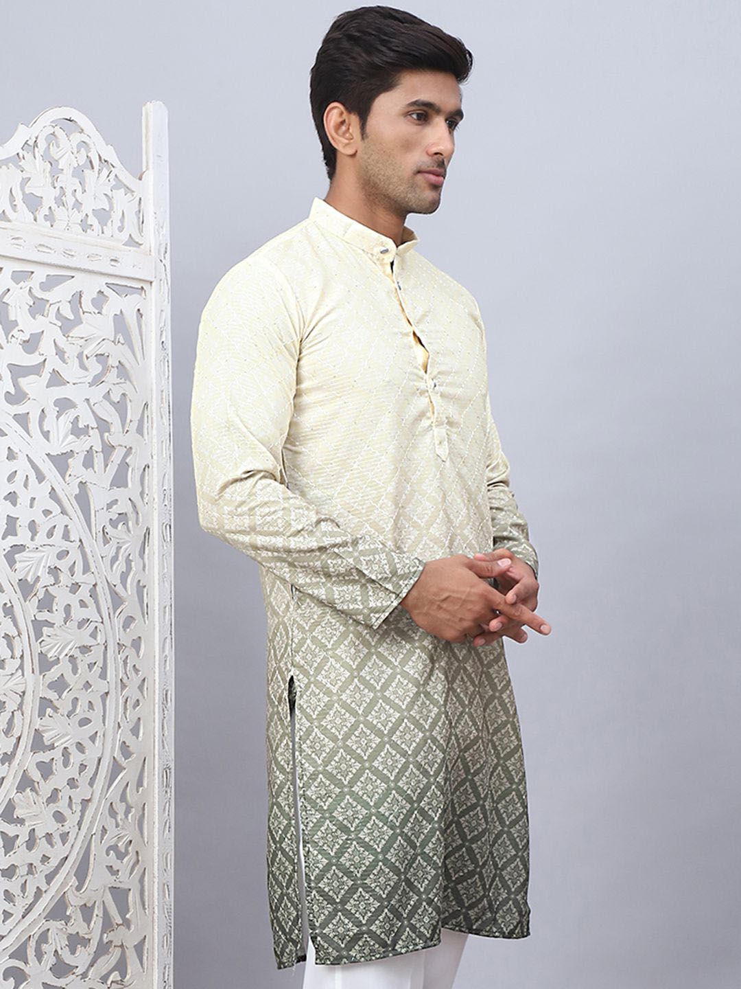 Jompers Floral Printed Mandarin Collar Sequins Ombre Straight Kurta