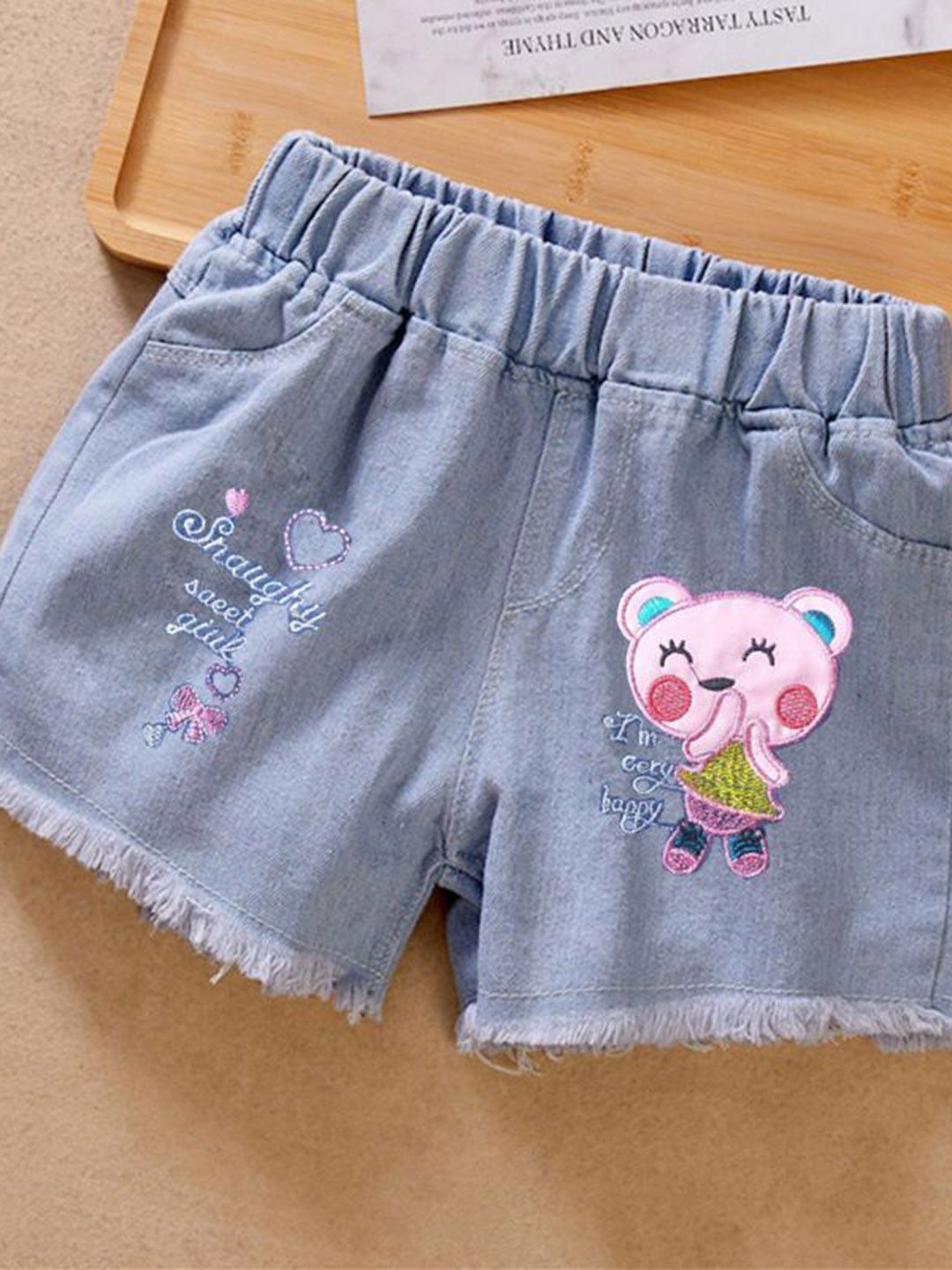 YK Girls Embellished Washed Denim Shorts