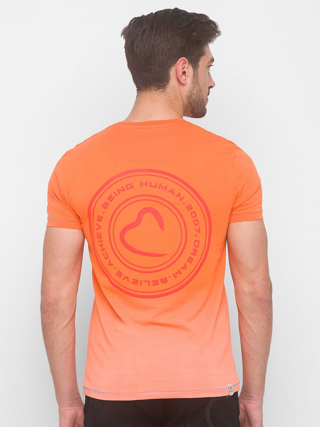 Being Human Men Orange Pure Cotton Brand Logo Printed Monochrome Regular Fit T-shirt